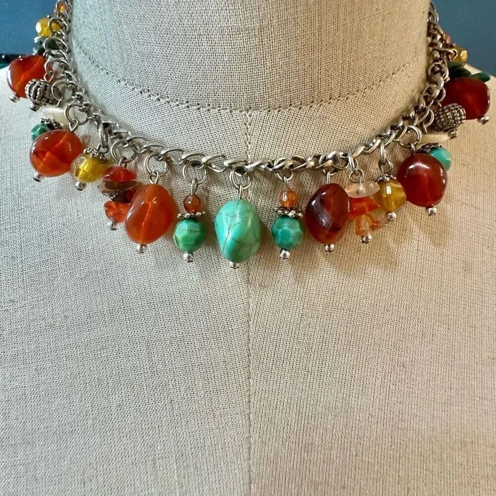 Orange and green beaded collar necklace